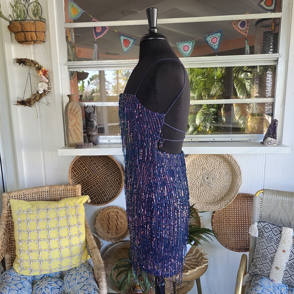 Windsor Large Khloe Sequin Fringe Party Dress Stretchy Navy Fringe Dress - Picture 4 of 12